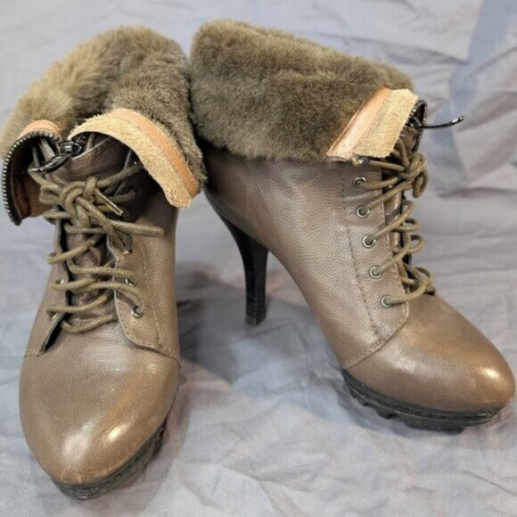 Vinsor Brown Leather Fold Over Fur Heel Boots Lug Sole Women Size 225 - Picture 2 of 9